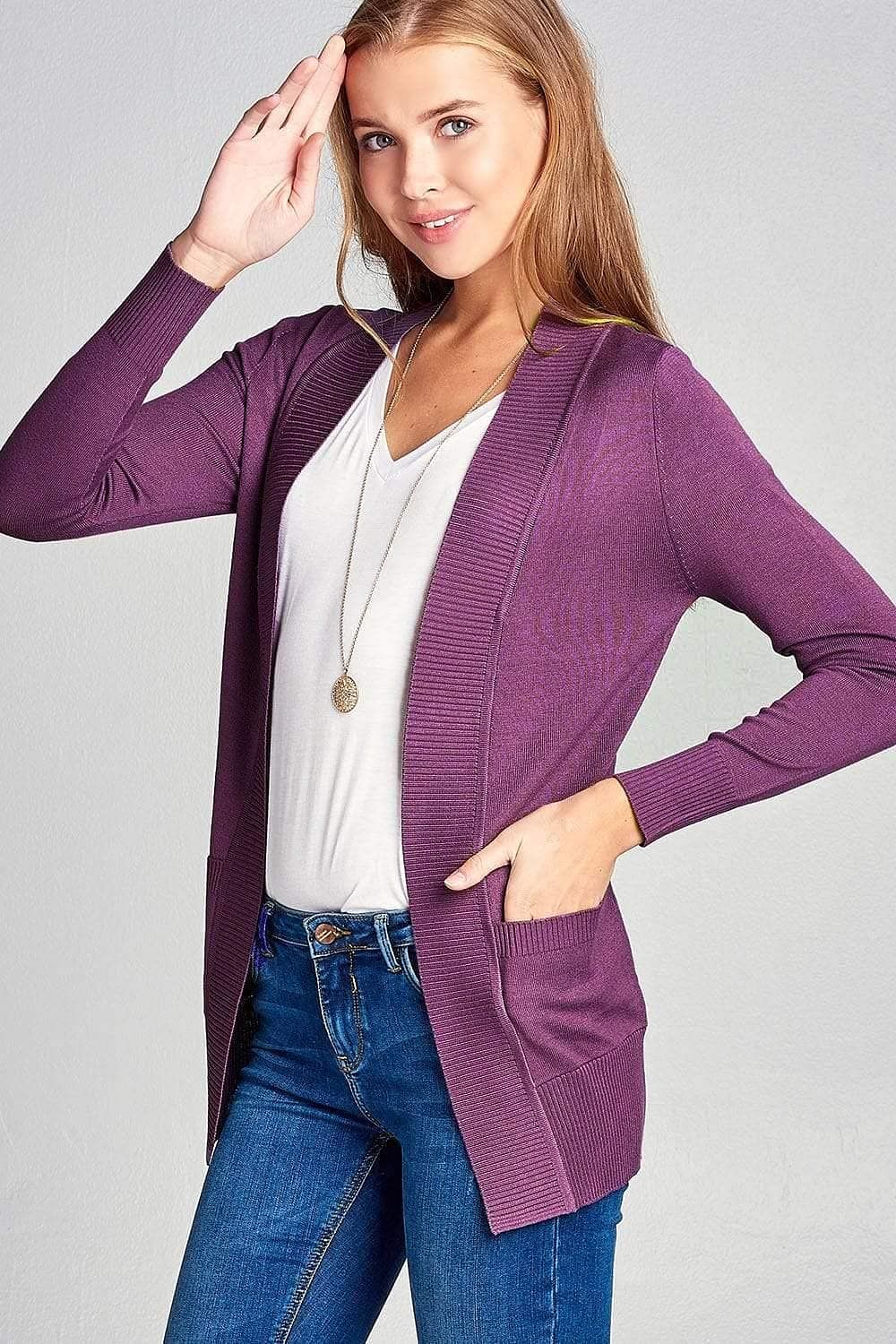 Purple Long Sleeve Open Front Rib Knit Cardigan - Shopping Therapy S Cardigan