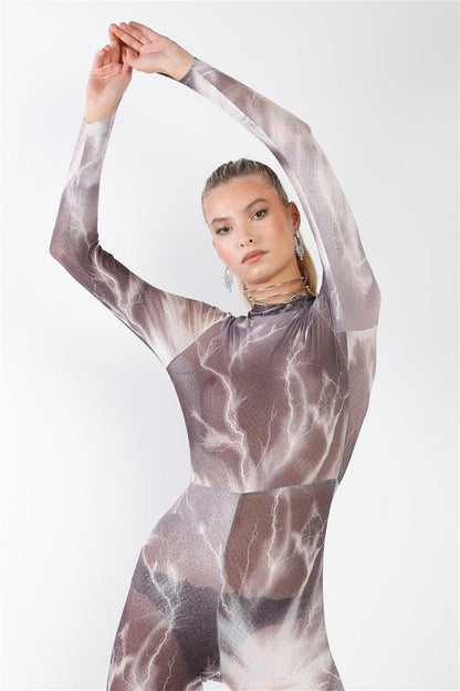 Purple Tie Dye Lightning Print Catsuit/jumpsuit - Shopping Therapy, LLC Jumpsuit