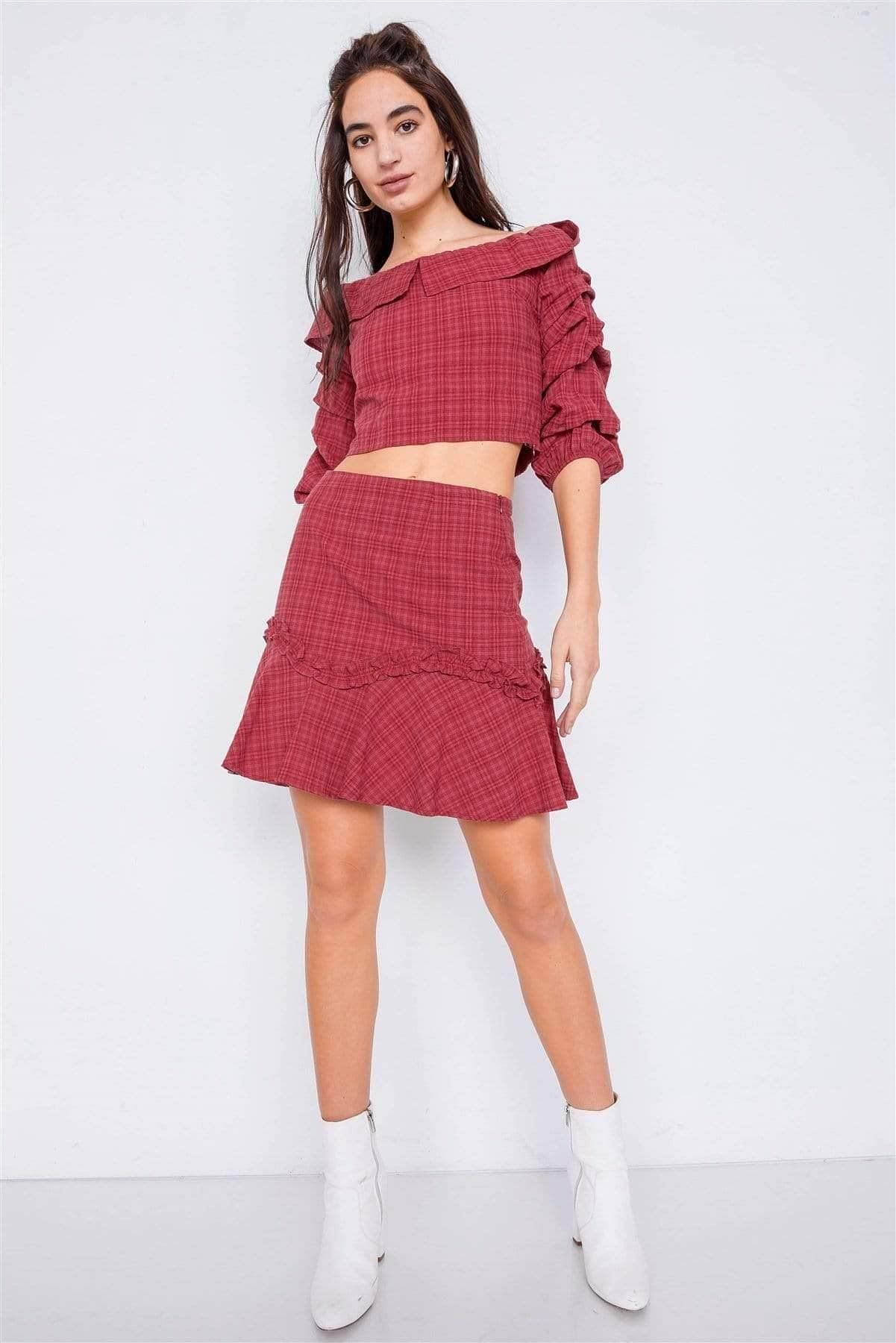 Raspberry Ruffle Sleeve Crop Top & Mini Skirt Set - Shopping Therapy, LLC Outfit Sets