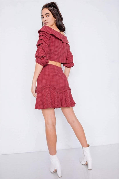 Raspberry Ruffle Sleeve Crop Top & Mini Skirt Set - Shopping Therapy, LLC Outfit Sets