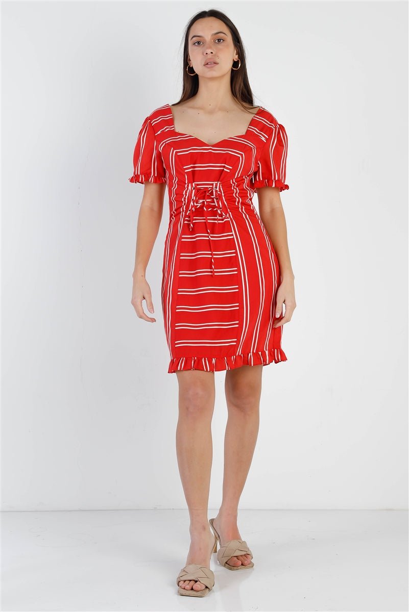 Red 3/4 Sleeve Ruffle Trim Stripe Dress - Shopping Therapy, LLC Default