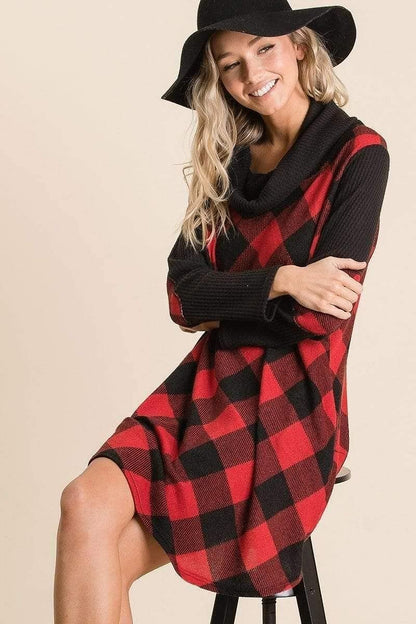 Red Long Sleeve Buffalo Plaid Swing Dress - Shopping Therapy, LLC Dress