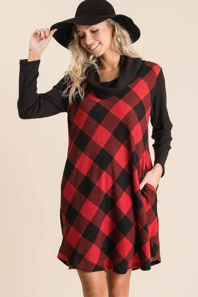 Red Long Sleeve Buffalo Plaid Swing Dress - Shopping Therapy S Dress