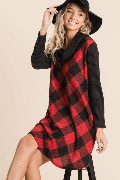 Red Long Sleeve Buffalo Plaid Swing Dress - Shopping Therapy, LLC Dress