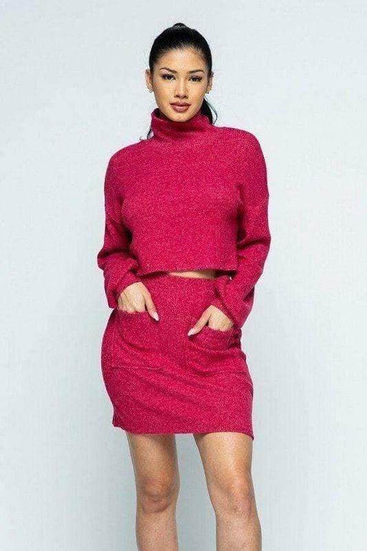 Red Long Sleeve Cowl Neck Sweater And Mini Skirt - Shopping Therapy, LLC Apparel & Accessories