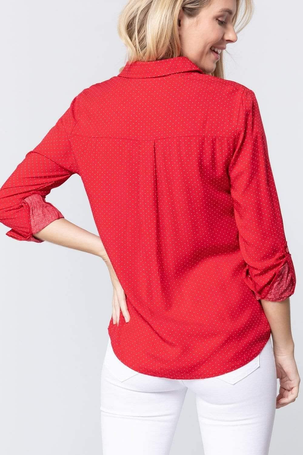 Red Roll Up Sleeve Polka Dot Shirt - Shopping Therapy, LLC Shirt