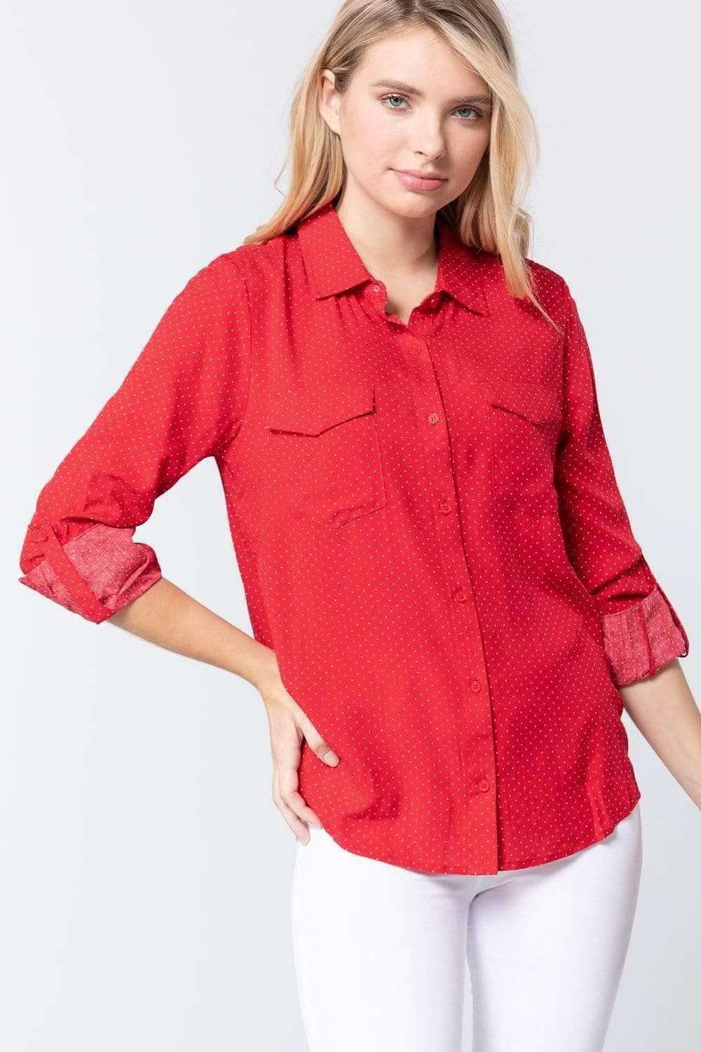 Red Roll Up Sleeve Polka Dot Shirt - Shopping Therapy S Shirt