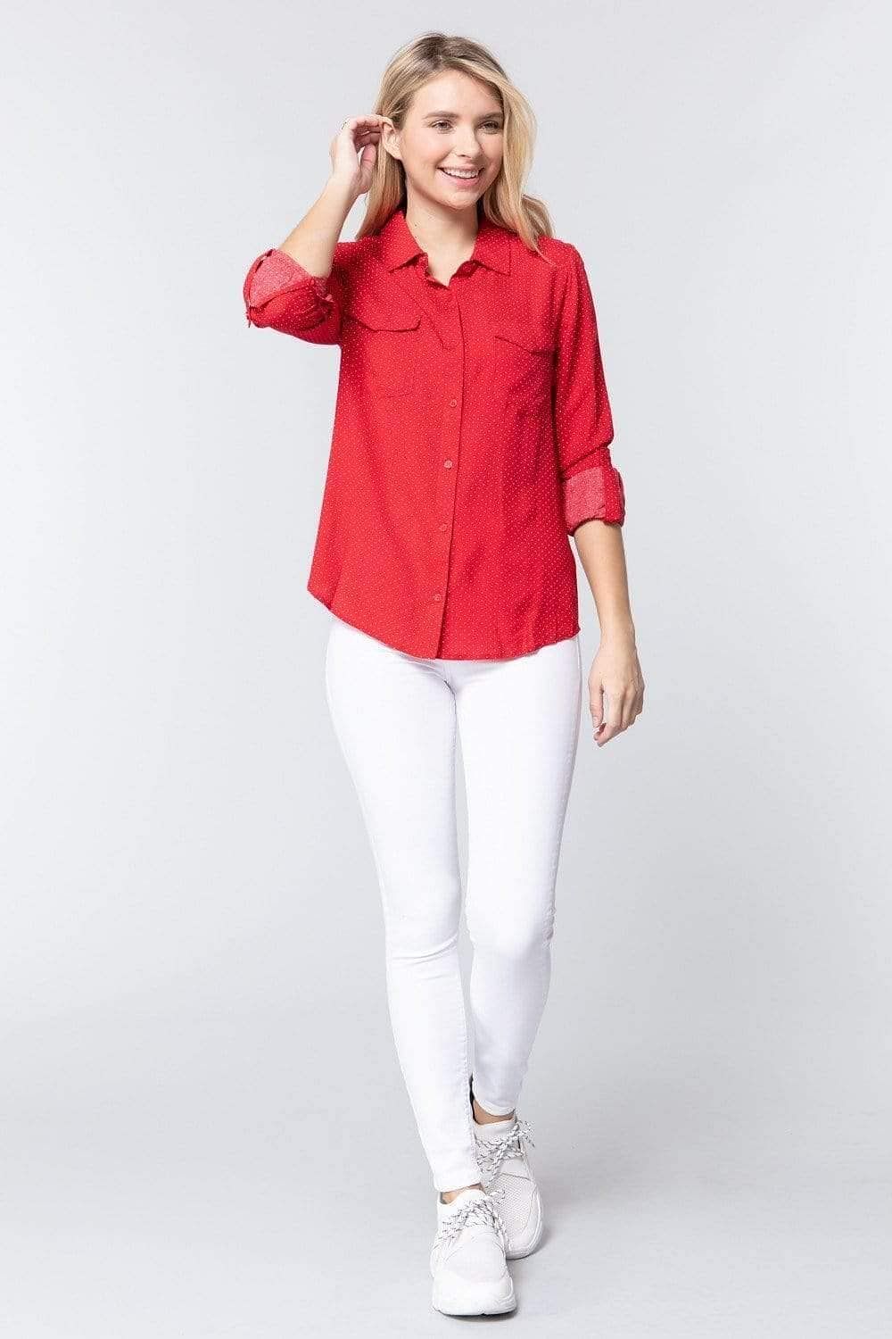 Red Roll Up Sleeve Polka Dot Shirt - Shopping Therapy, LLC Shirt
