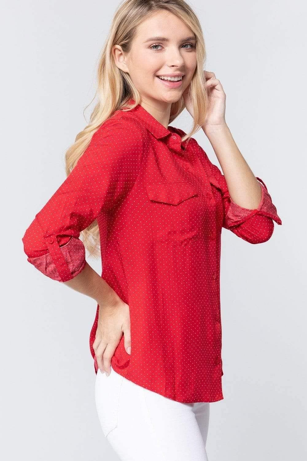 Red Roll Up Sleeve Polka Dot Shirt - Shopping Therapy L Shirt