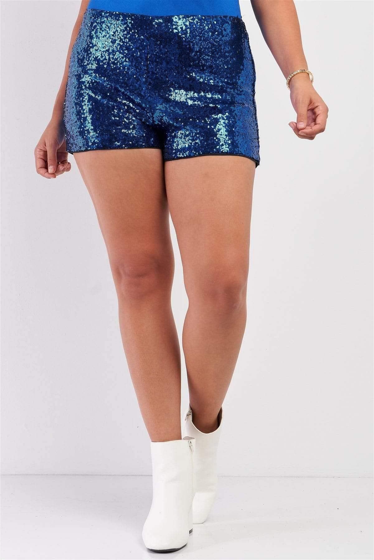 Royal Blue Plus Size High Waisted Sequin Shorts