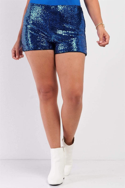 Royal Blue Plus Size High Waisted Sequin Shorts - Shopping Therapy, LLC Shorts