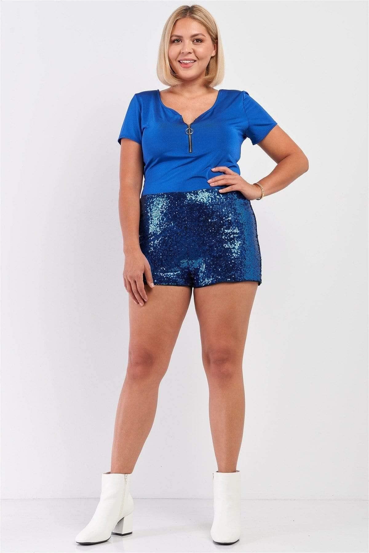 Royal Blue Plus Size High Waisted Sequin Shorts