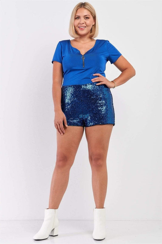 Royal Blue Plus Size High Waisted Sequin Shorts - Shopping Therapy, LLC Shorts