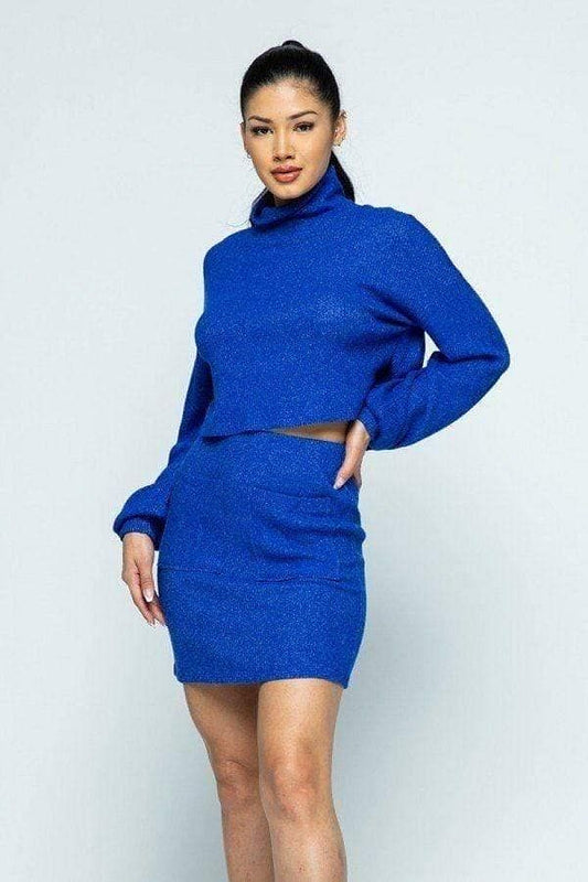 Royal Long Sleeve Cowl Neck Sweater And Mini Skirt - Shopping Therapy, LLC Outfit Sets