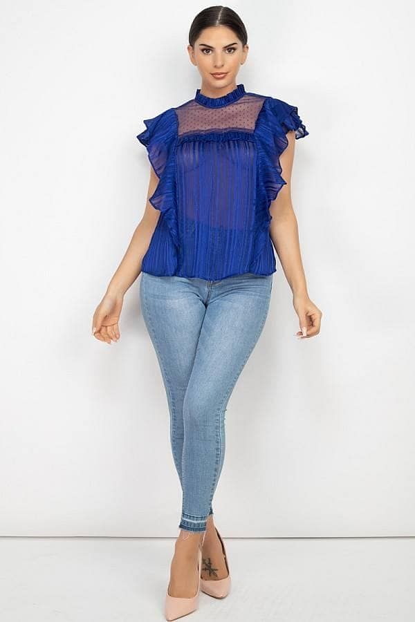 Royal Short Sleeve Sheer Lace Ruffle Top - Shopping Therapy L Top