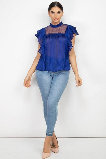 Royal Short Sleeve Sheer Lace Ruffle Top - Shopping Therapy, LLC Top