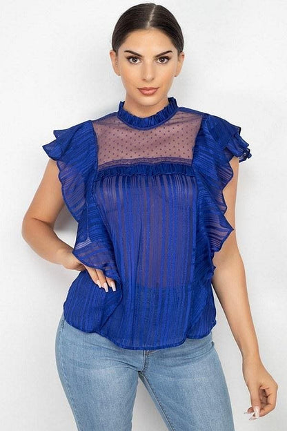 Royal Short Sleeve Sheer Lace Ruffle Top - Shopping Therapy, LLC Top