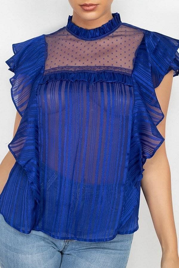 Royal Short Sleeve Sheer Lace Ruffle Top - Shopping Therapy M Top