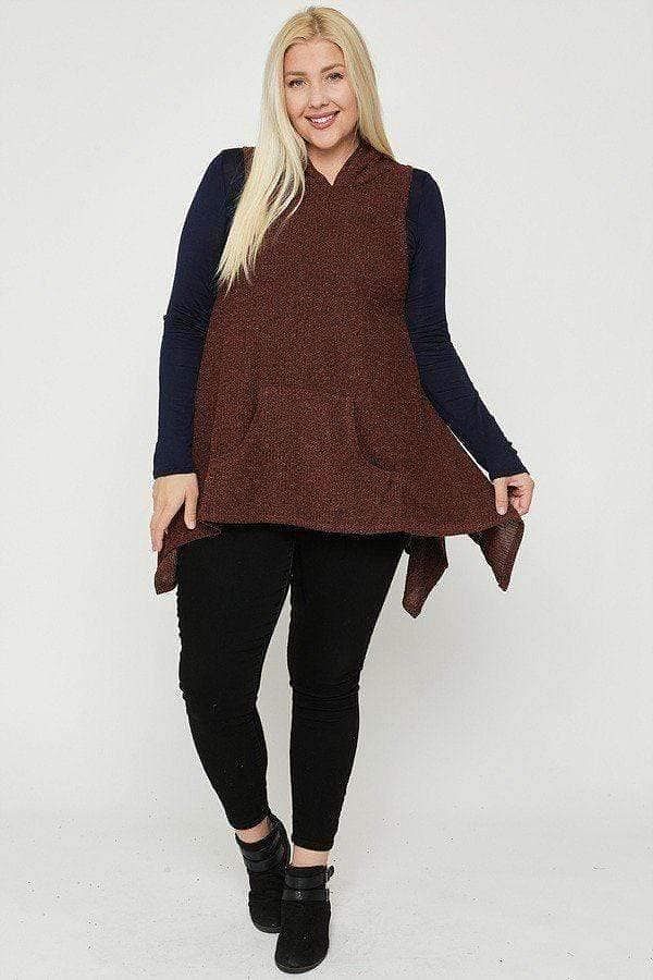 Rust Plus Size Sleeveless Vest With Hoodie