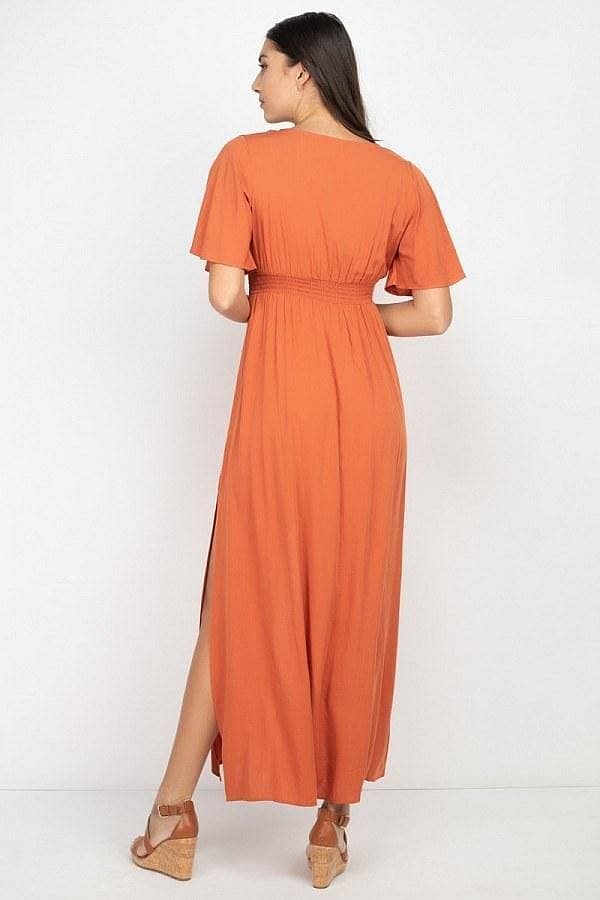 Rust Smocked Waist Maxi Dress With Side Slit - Shopping Therapy S dress