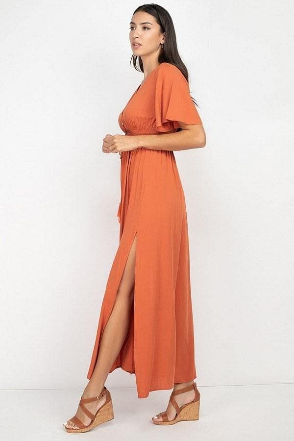 Rust Smocked Waist Maxi Dress With Side Slit - Shopping Therapy L dress