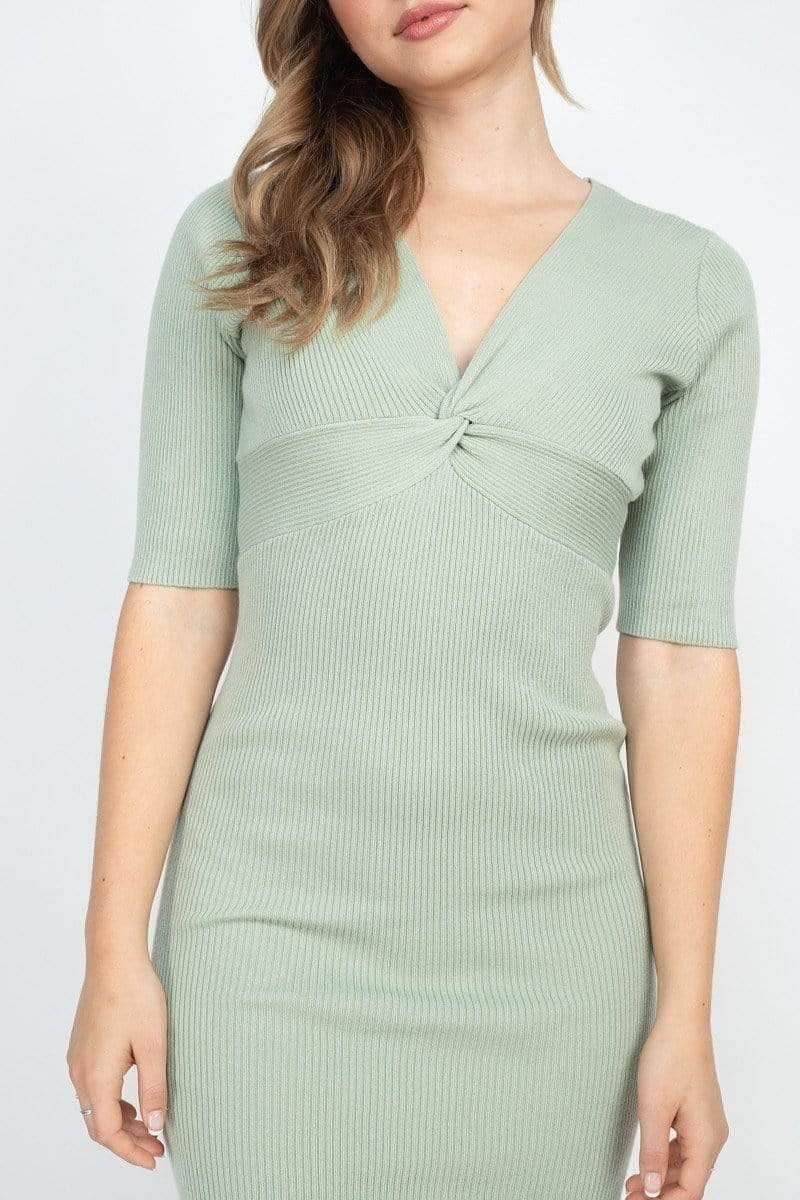 Sage 3/4 Sleeve Front Twist Knot Knitted Dress - Shopping Therapy L dress