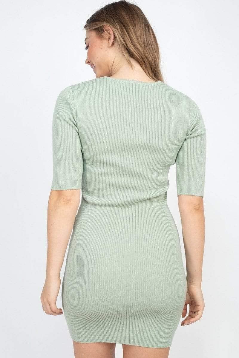 Sage 3/4 Sleeve Front Twist Knot Knitted Dress - Shopping Therapy dress