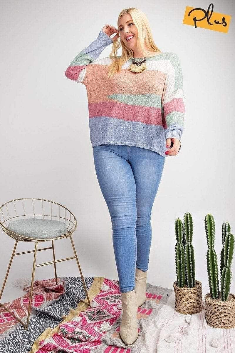 Plus Size Long Sleeve Sage Color Block Sweater - Shopping Therapy, LLC Sweater