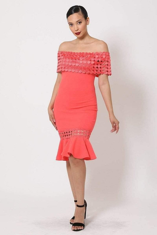 Salmon Off The Shoulder Crochet Dress - Shopping Therapy, LLC Dresses