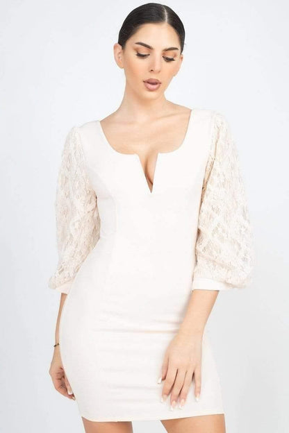 White balloon Sleeve Bodycon Dress - Shopping Therapy, LLC 