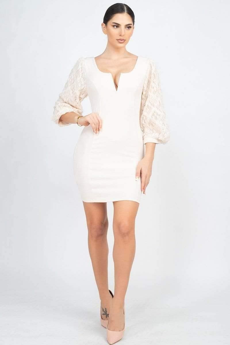 White balloon Sleeve Bodycon Dress - Shopping Therapy, LLC 