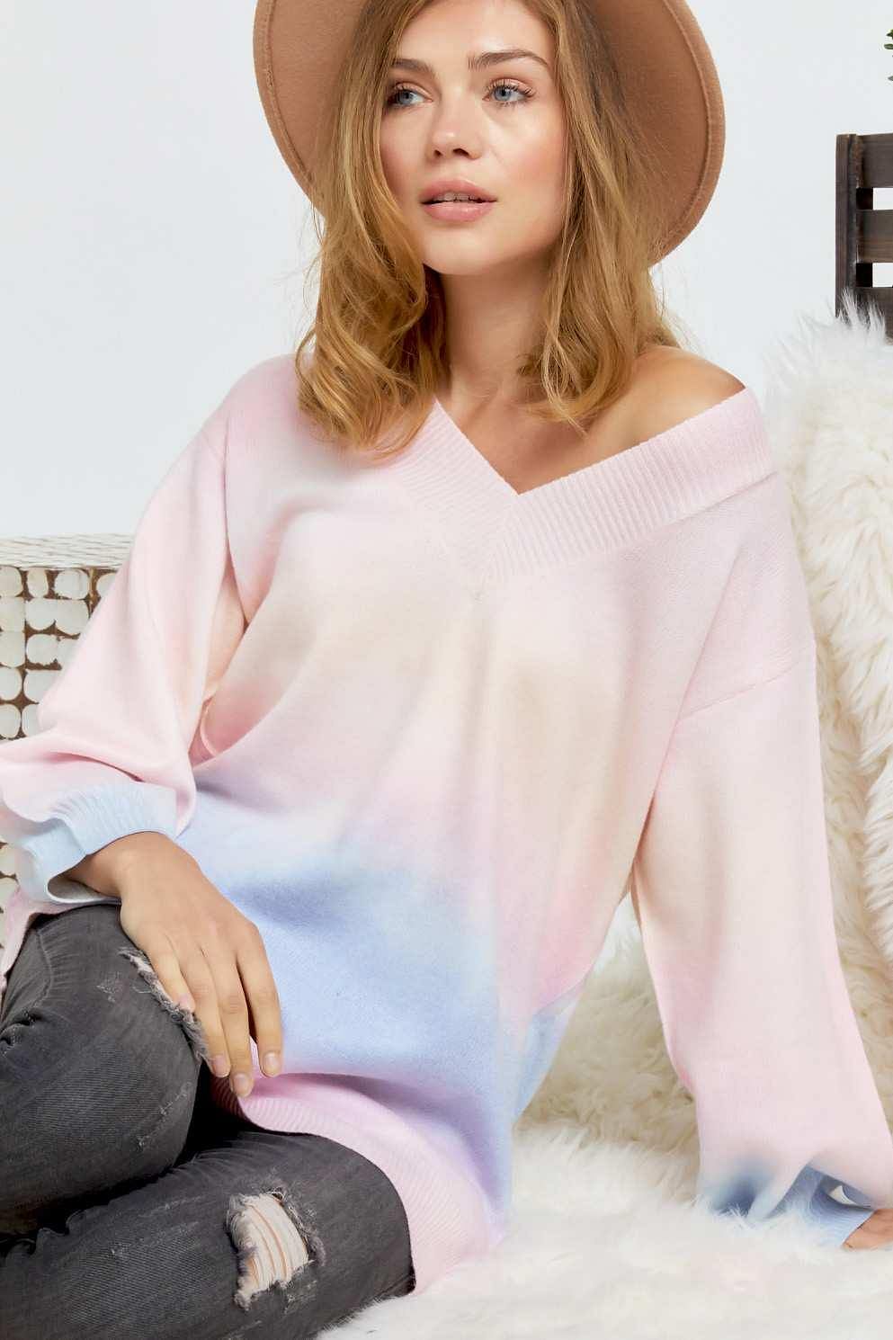 Long Sleeve Tie Dye V-Neck Sweater - Shopping Therapy, LLC 