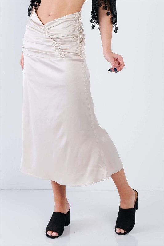 Maxi Ruched Satin Skirt-Off White - Shopping Therapy, LLC 