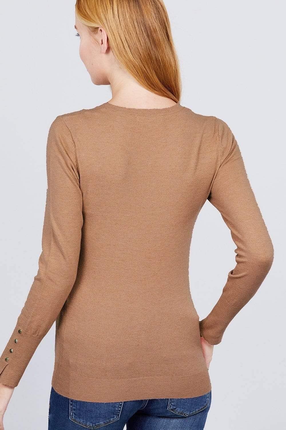 Brown Long Sleeve V-Neck Sweater - Shopping Therapy, LLC 