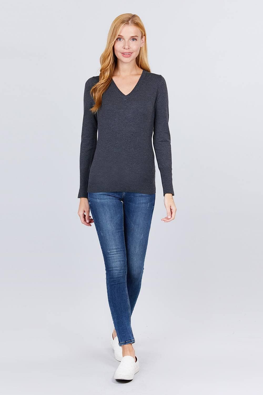 Charcoal Gray V-Neck Sweater - Shopping Therapy, LLC 
