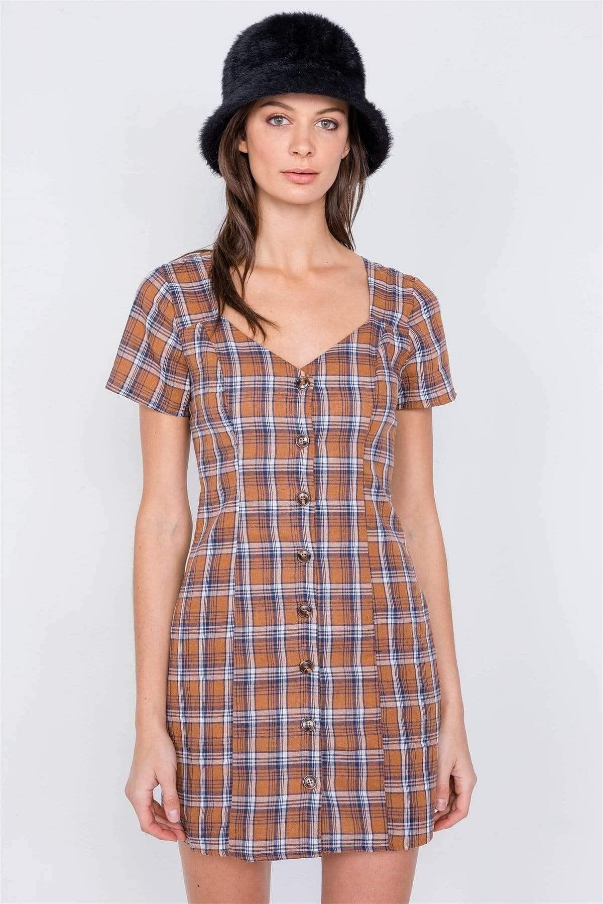 Short Sleeve Checkered Mini Dress - Shopping Therapy, LLC Dress