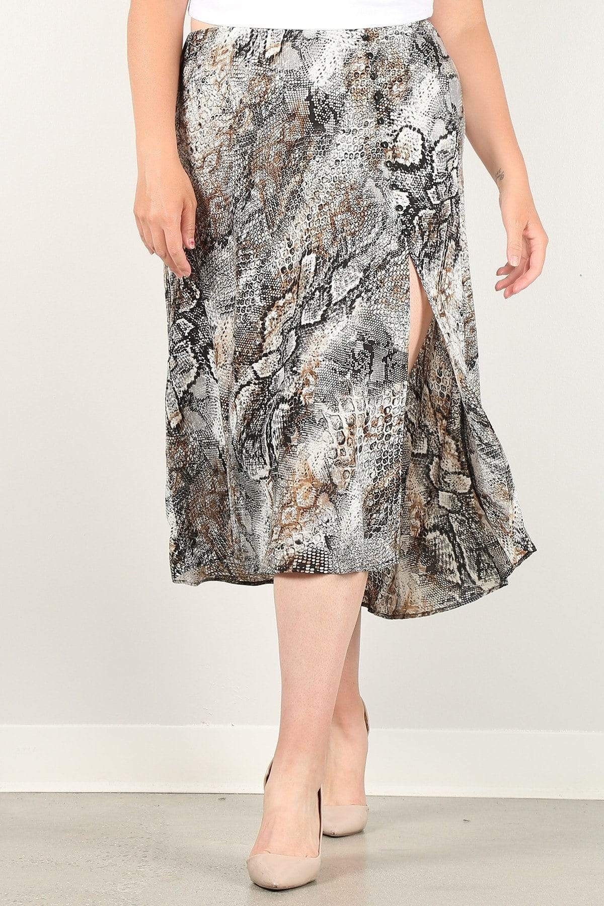 Snake Print Plus Size Midi Skirt With Side Slit - Shopping Therapy, LLC Skirt