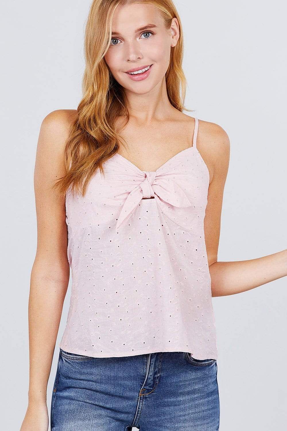 Soft Pink Spaghetti Strap Front Tie  V-Neck Cami - Shopping Therapy, LLC Tops
