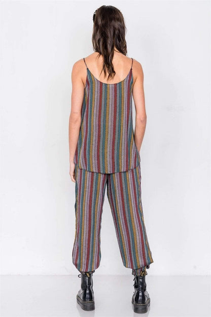 Stripe Spaghetti Strap V-Neck Cami & Harem Pant Set - Shopping Therapy, LLC Outfit Sets