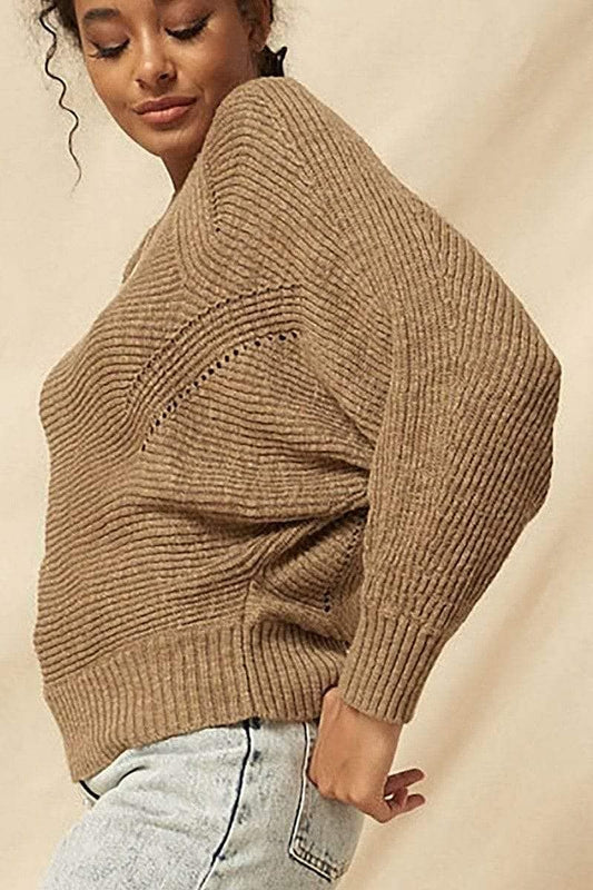 Taupe Long Sleeve Cable Rib Knitted Sweater - Shopping Therapy, LLC Sweater