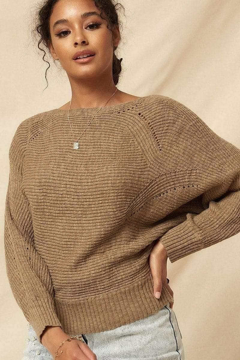 Taupe Long Sleeve Cable Rib Knitted Sweater - Shopping Therapy, LLC Sweater