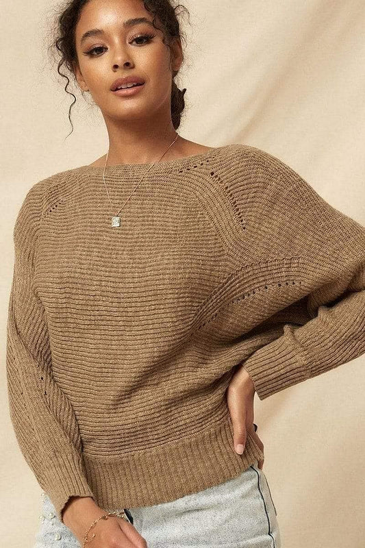 Taupe Long Sleeve Cable Rib Knitted Sweater - Shopping Therapy, LLC Sweater