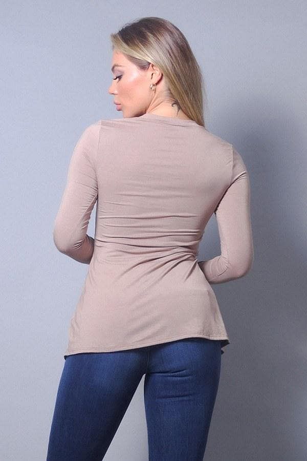 Taupe Long Sleeve Top With Side Slits - Shopping Therapy L Tops