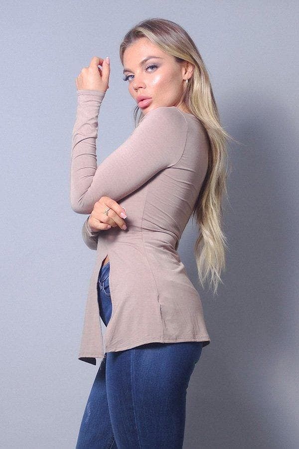 Taupe Long Sleeve Top With Side Slits - Shopping Therapy M Tops