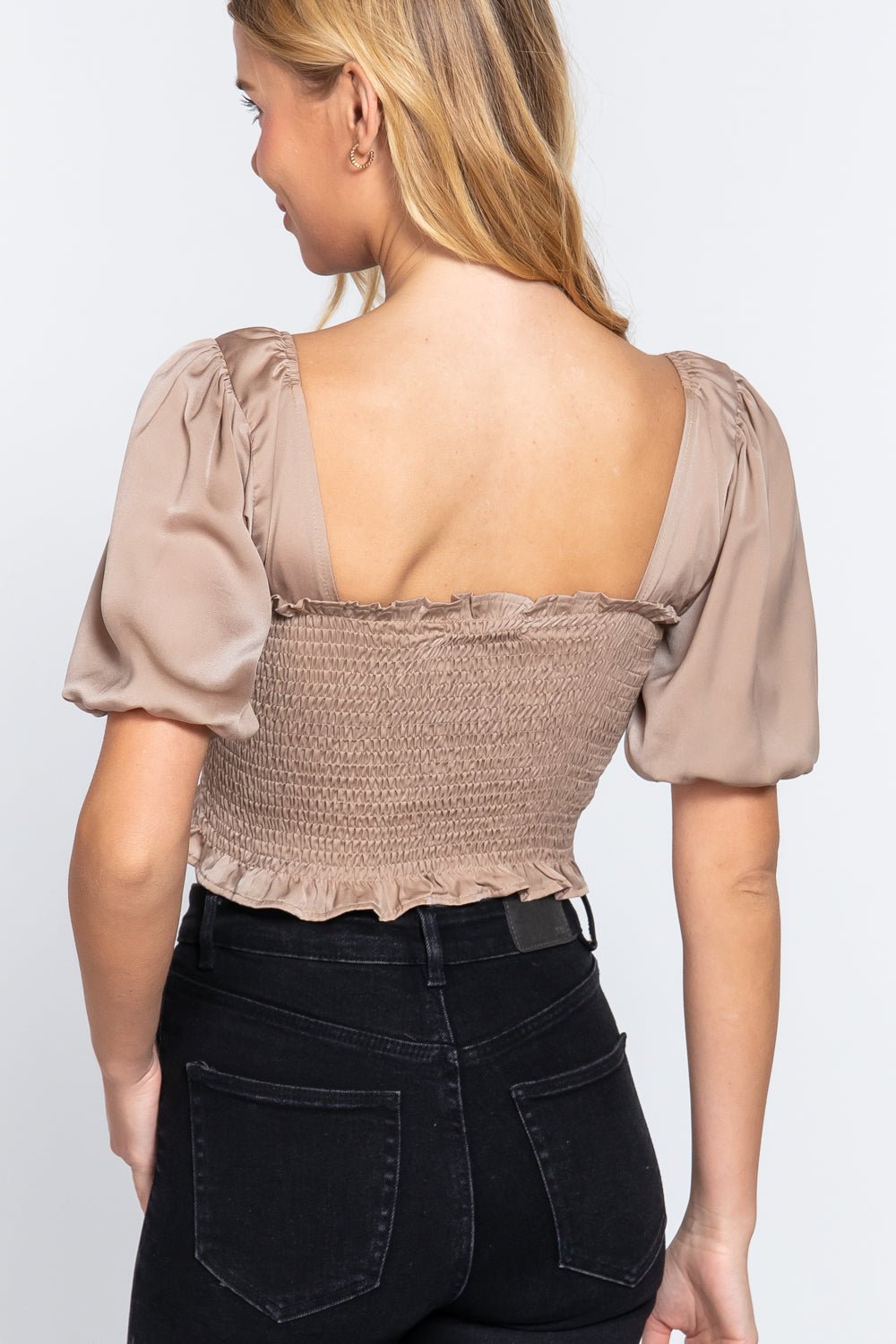 Taupe Straight Neck 3/4 Sleeve Smocked Crop Top - Shopping Therapy, LLC Tops