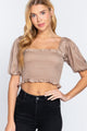 Taupe Straight Neck 3/4 Sleeve Smocked Crop Top