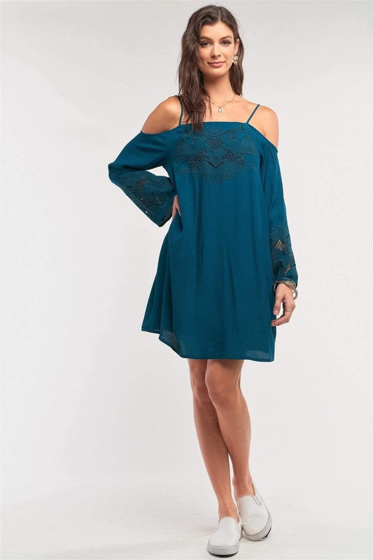 Teal Long Sleeve Off-the-shoulder Mini Dress - Shopping Therapy, LLC Dress