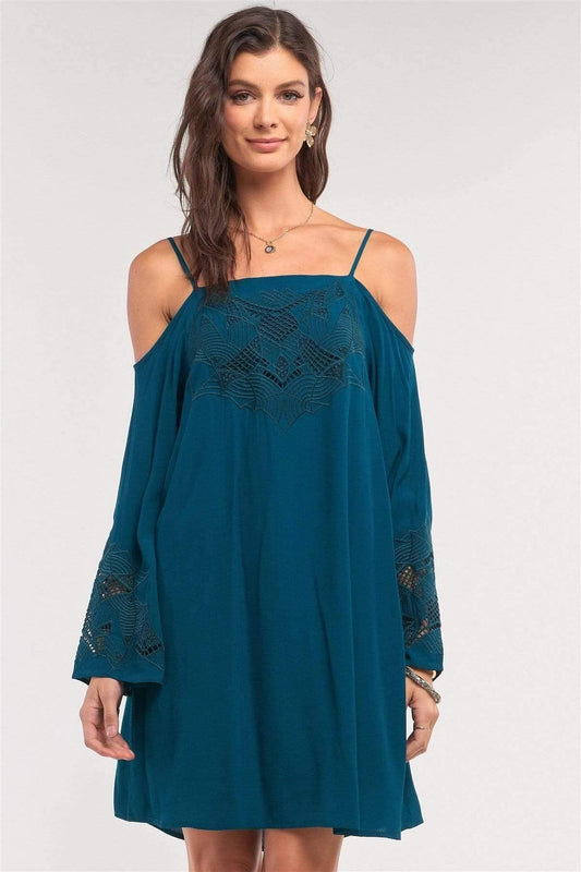 Teal Long Sleeve Off-the-shoulder Mini Dress - Shopping Therapy, LLC Dress