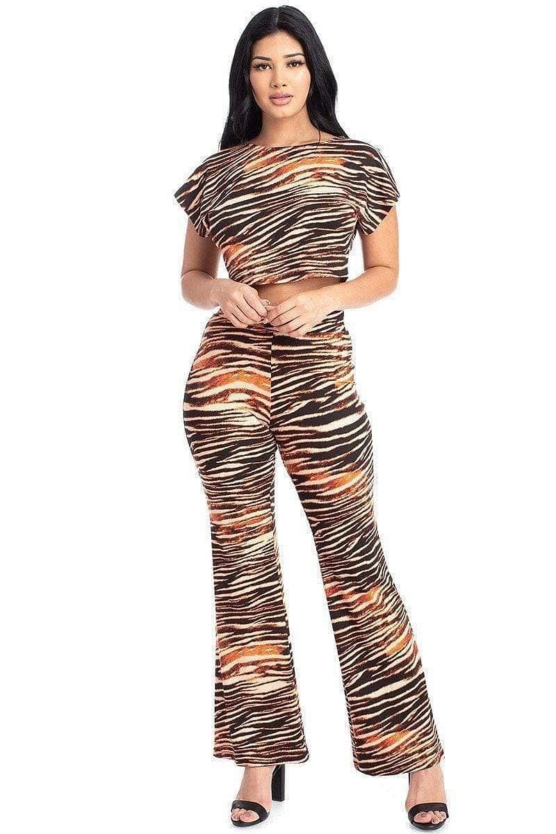 Tiger Stripe Short Sleeve Crop Top And Bell Bottom Pants - Shopping Therapy Outfit Sets