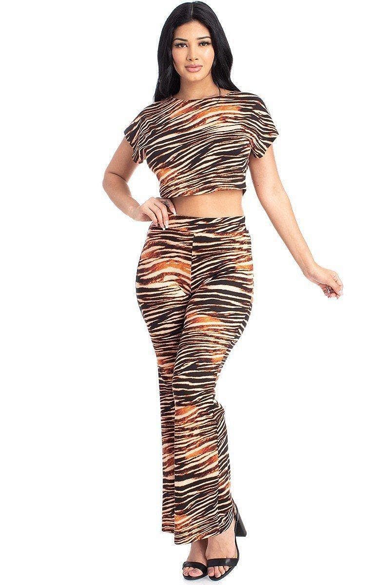 Tiger Stripe Short Sleeve Crop Top And Bell Bottom Pants - Shopping Therapy Outfit Sets